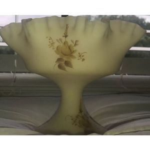 Vintage Fenton Ruffled Compote Burmese Satin Glass Hand Painted SIGNED by Amy S